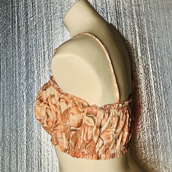 Forever 21 Womens Small Beige Print Crop Top Tie Strap Smocked Boho Coquette - Picture 3 of 12